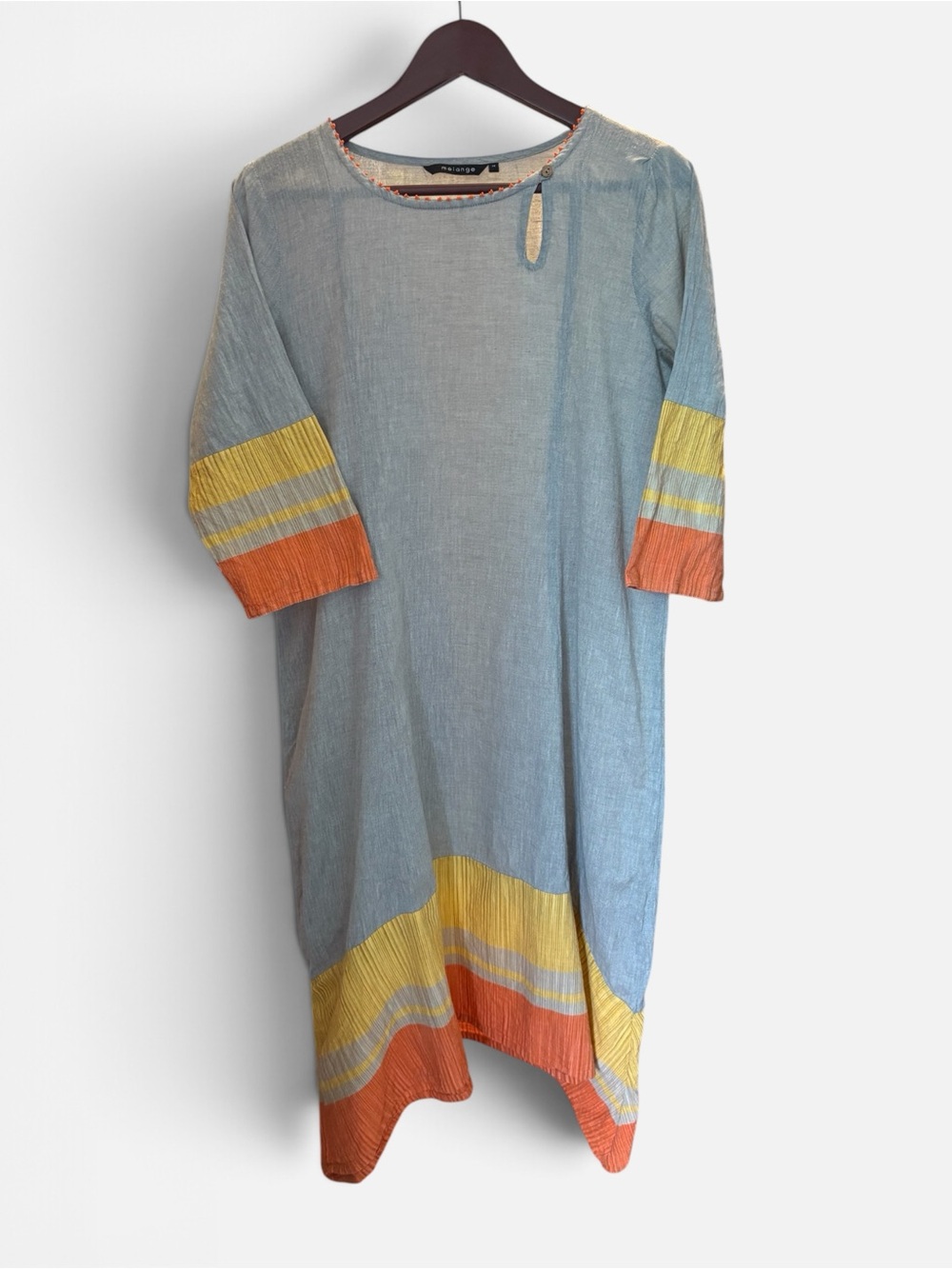 Melange Light Blue Midi Dress with Yellow & Orange Trim